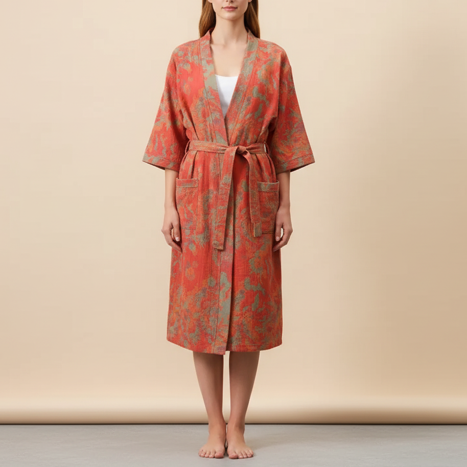 Kimono-Bademantel Kurzarm atmungsaktiv Baumwolle Knielänge