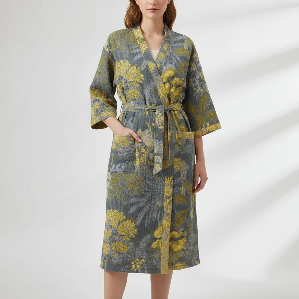 Kimono-Bademantel Kurzarm atmungsaktiv Baumwolle Knielänge