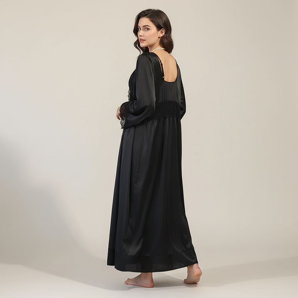 Langer Morgenmantel-Set mit Spitzenbesatz und Slip