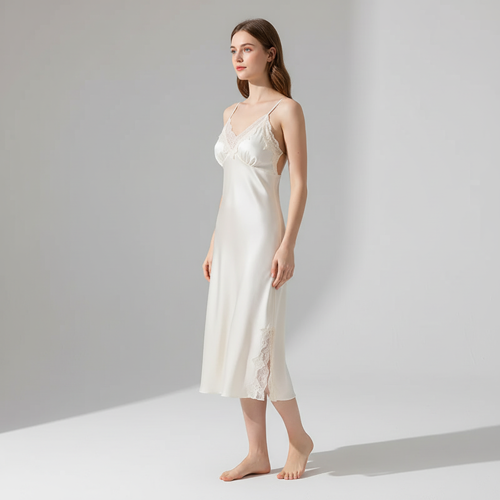 Langer Morgenmantel-Set mit Spitzenbesatz und Slip