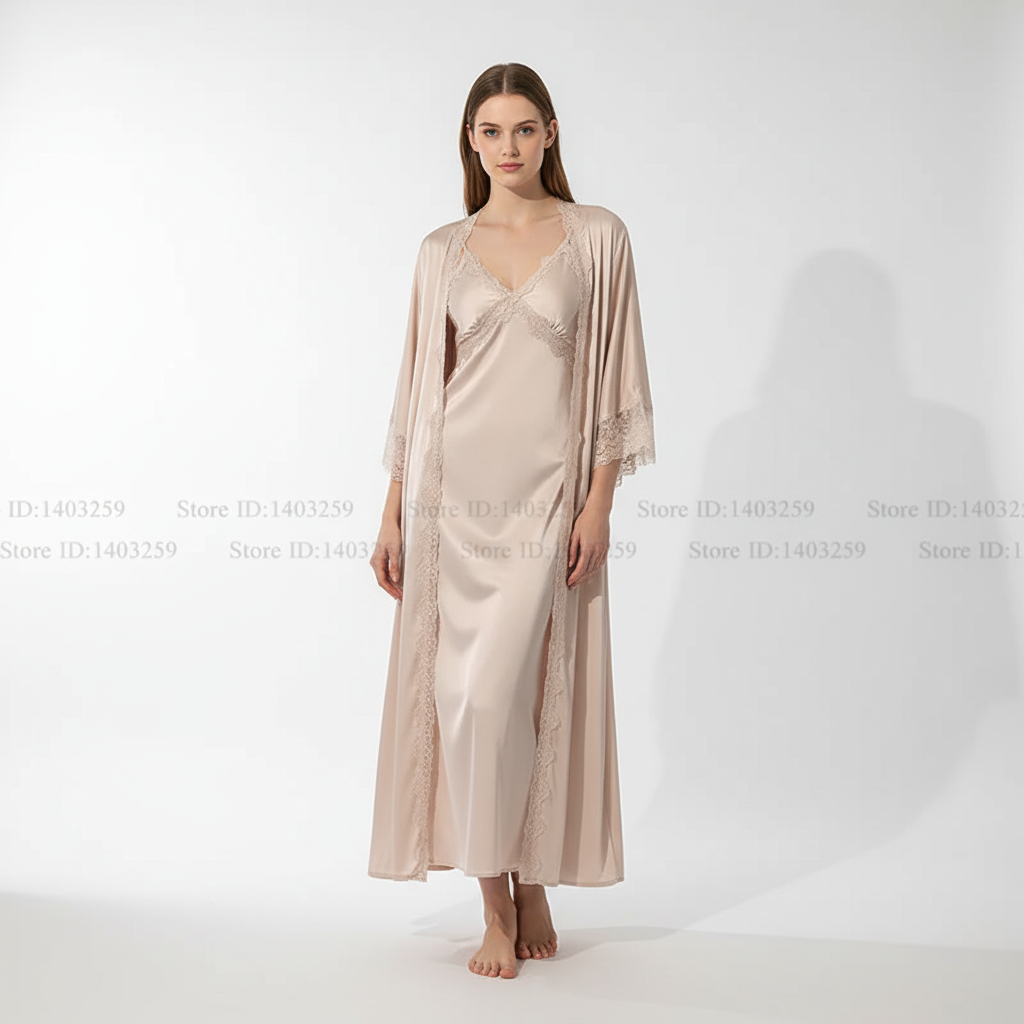 Langer Morgenmantel-Set mit Spitzenbesatz und Slip