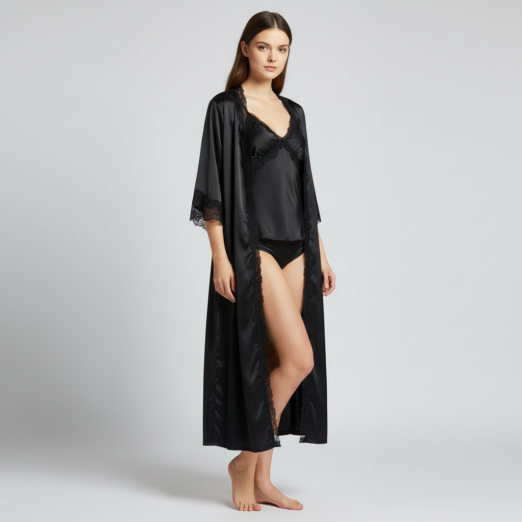 Langer Morgenmantel-Set mit Spitzenbesatz und Slip