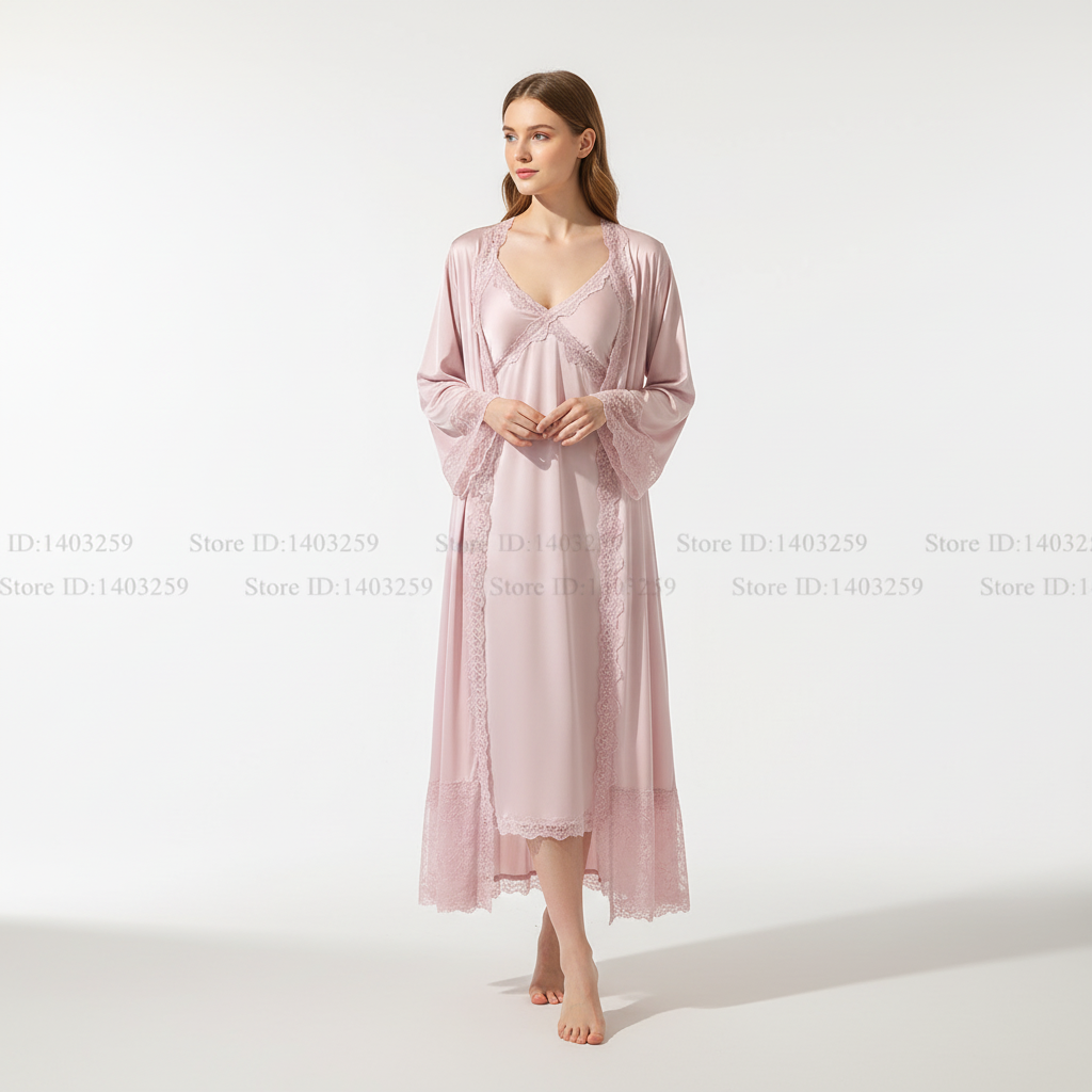 Langer Morgenmantel-Set mit Spitzenbesatz und Slip