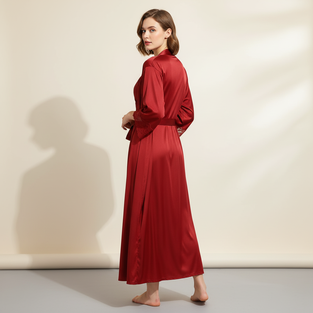 Langer Morgenmantel-Set mit Spitzenbesatz und Slip