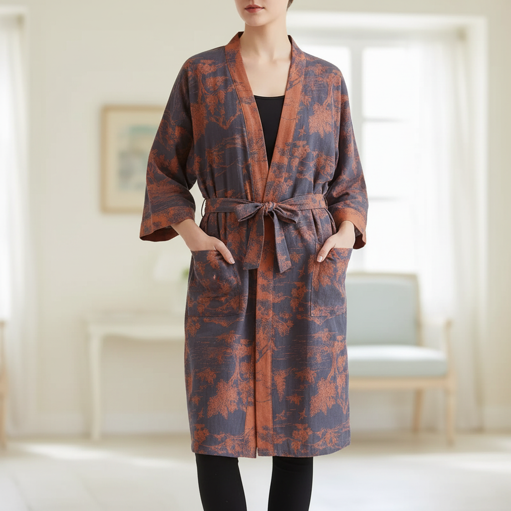 Kimono-Morgenmantel locker knielang Bindewickel atmungsaktiv