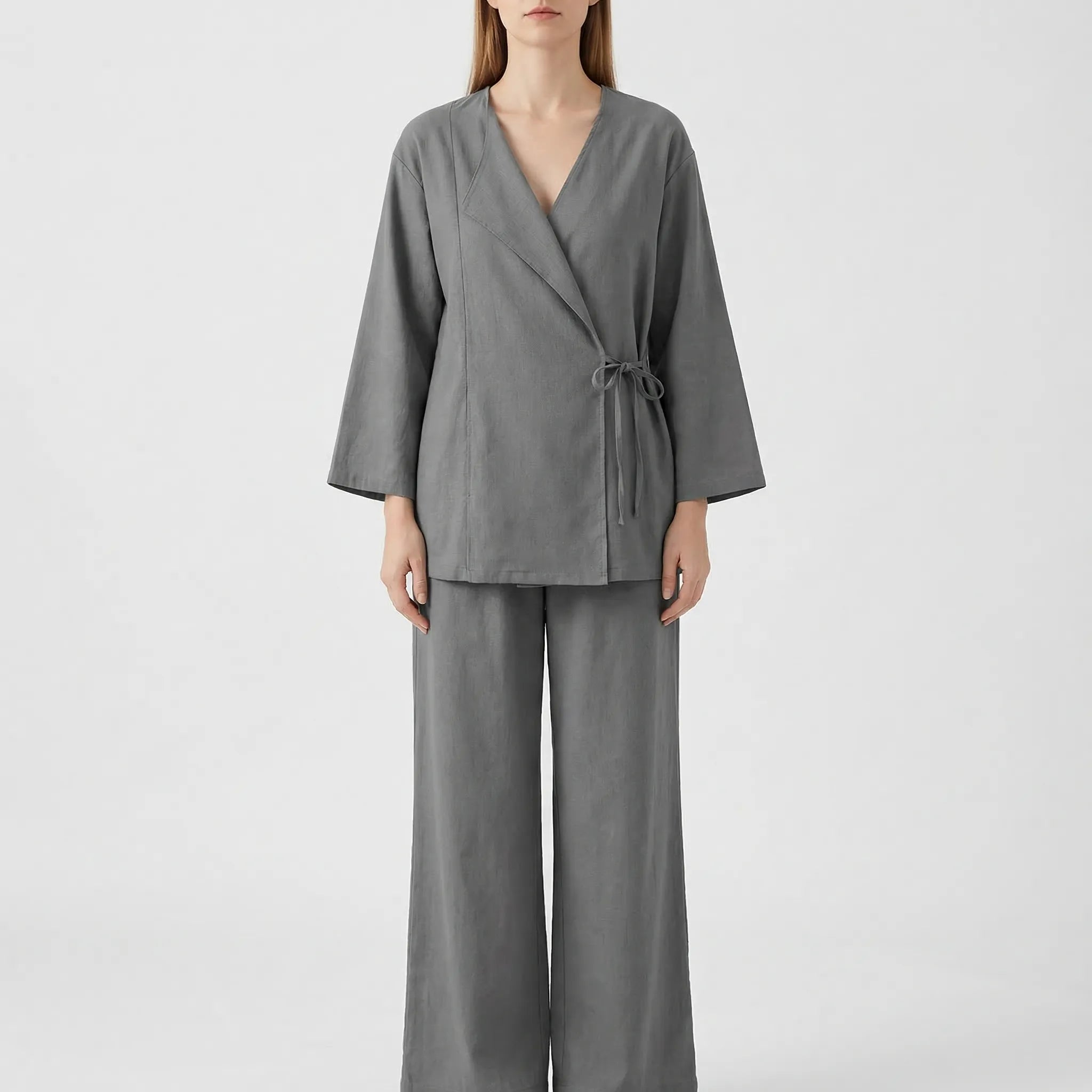 Damen 2-teiliges Set Wickel-Top weite Hose elastischer Bund