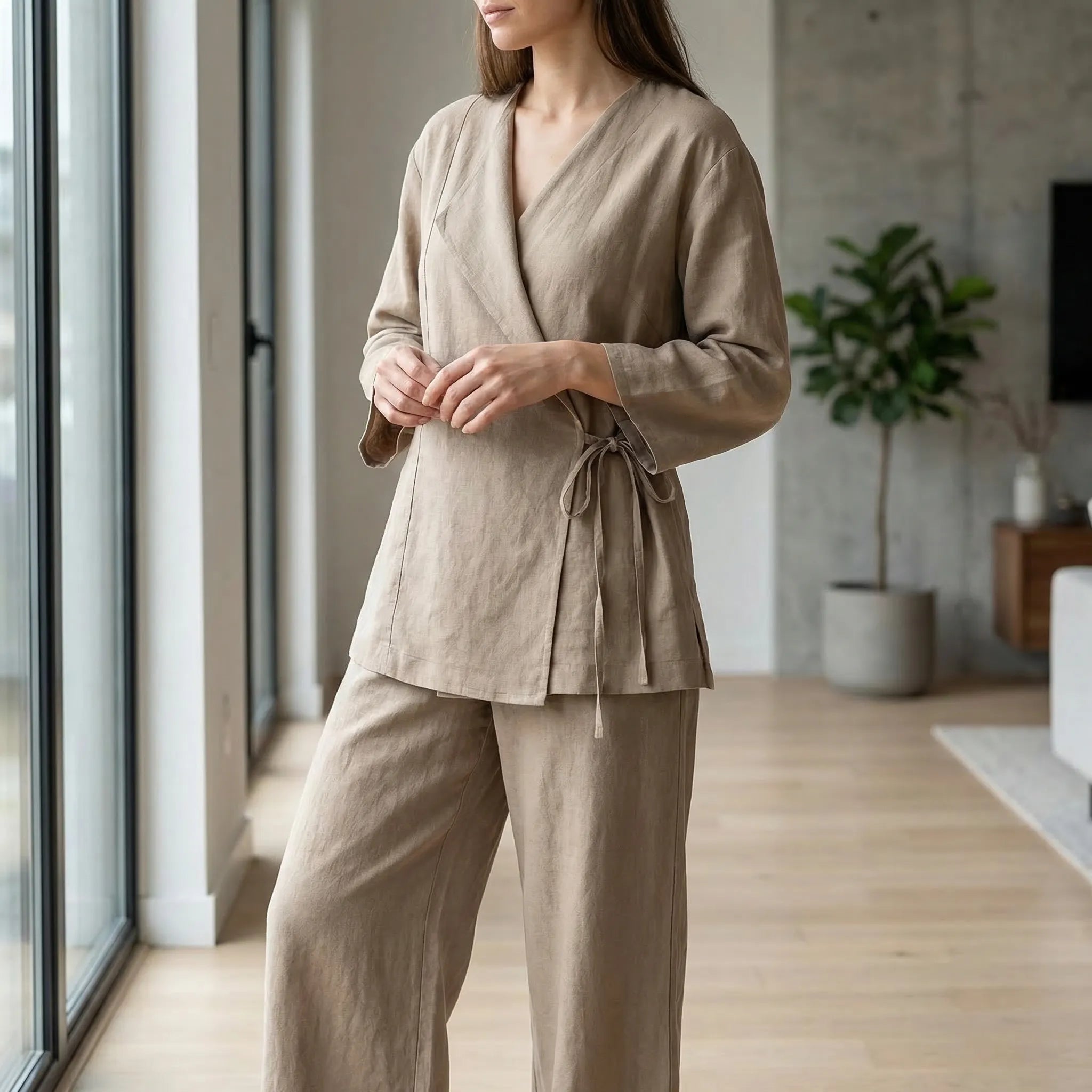 Damen 2-teiliges Set Wickel-Top weite Hose elastischer Bund