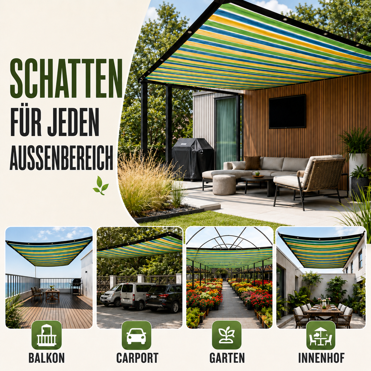 Nordspur | ShadeLoom Gestreifte Outdoor-Sonnenschutzüberdachung