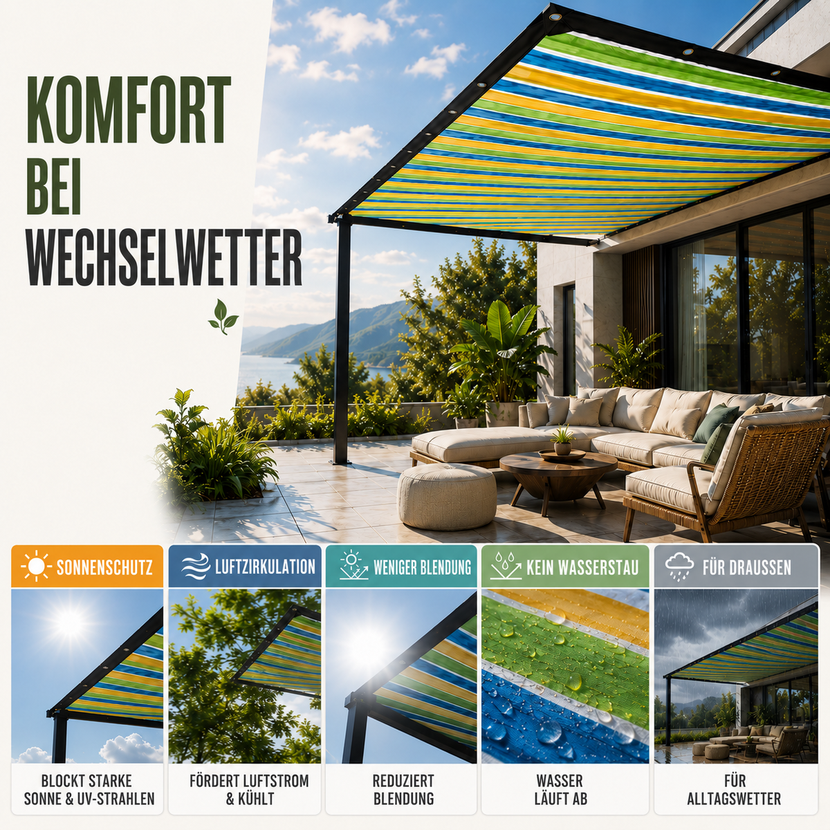 Nordspur | ShadeLoom Gestreifte Outdoor-Sonnenschutzüberdachung