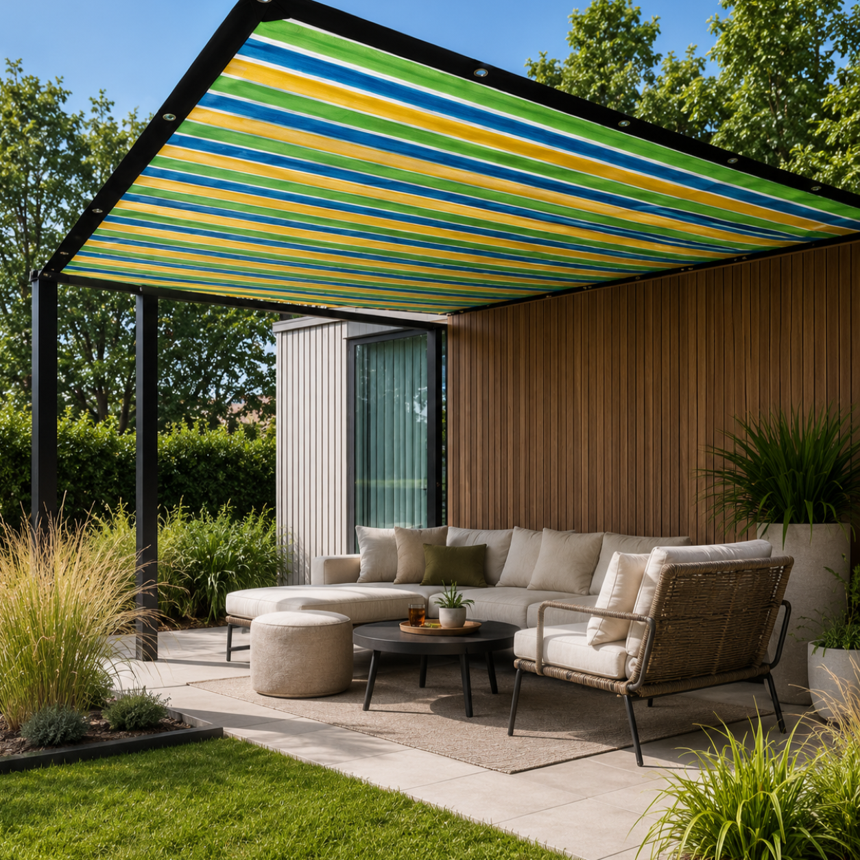 Nordspur | ShadeLoom Gestreifte Outdoor-Sonnenschutzüberdachung