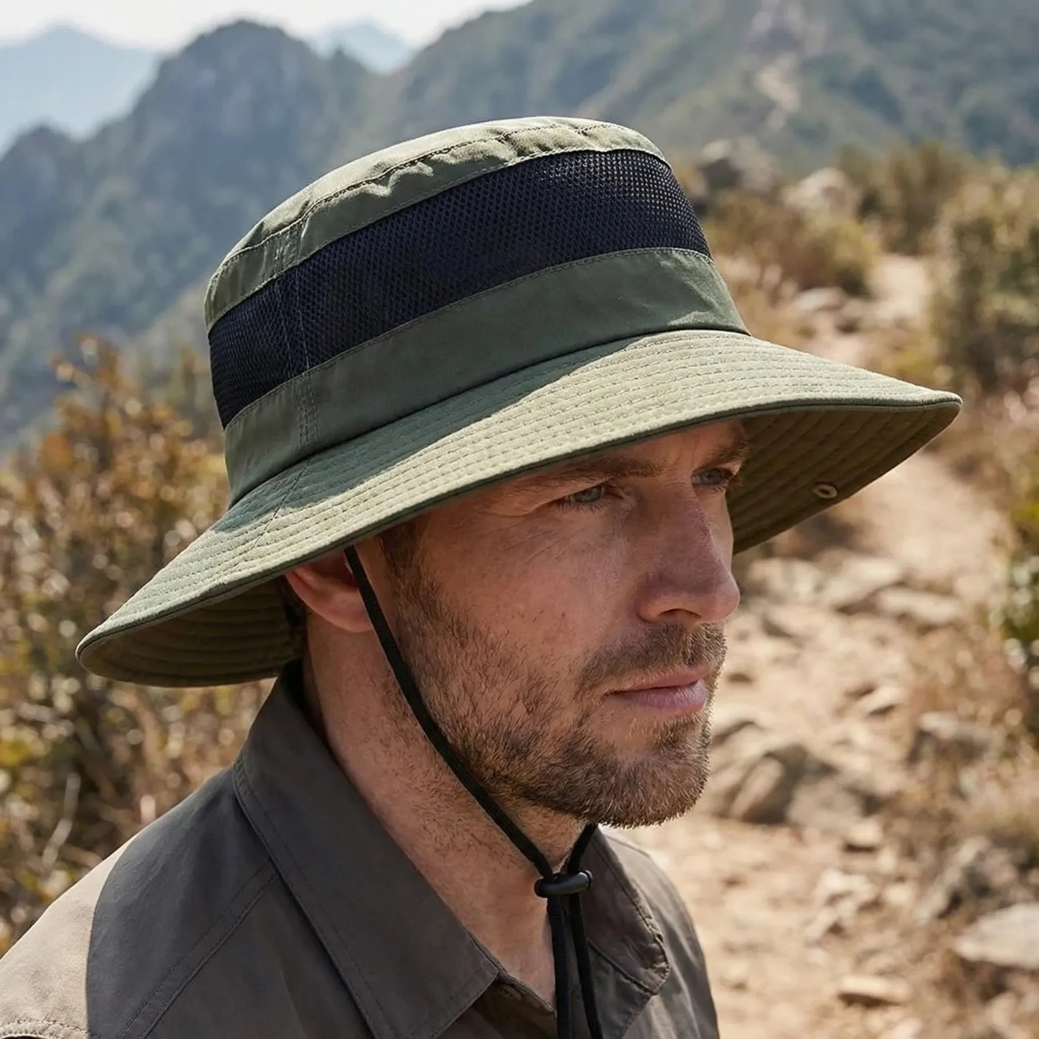 Breitkrempiger Outdoor Sonnenhut mit UV-Schutz und Netzeinsätzen