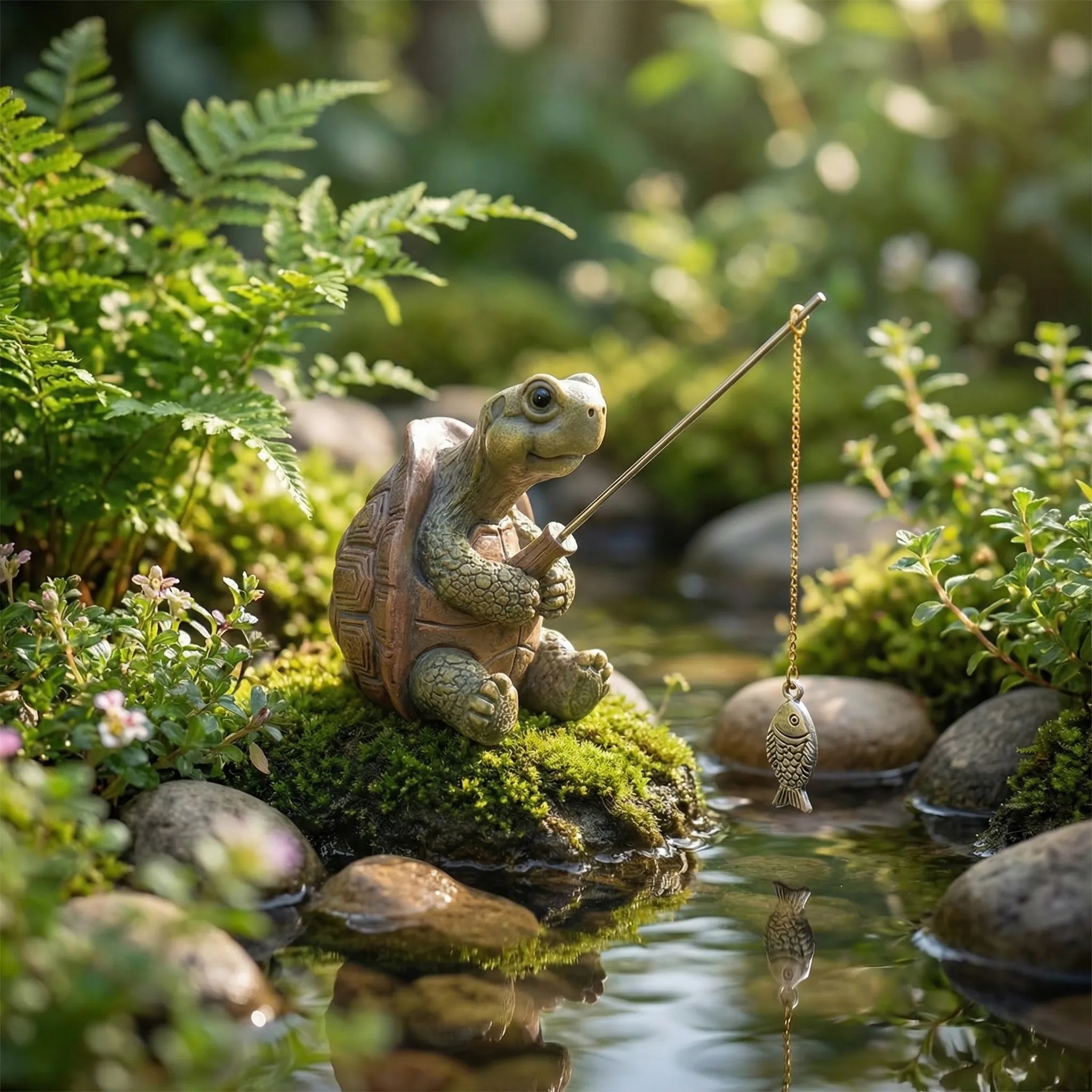 Schildkröten-Gartenfigur mit Angelrute und Fischanhänger, detailliert handgearbeitet