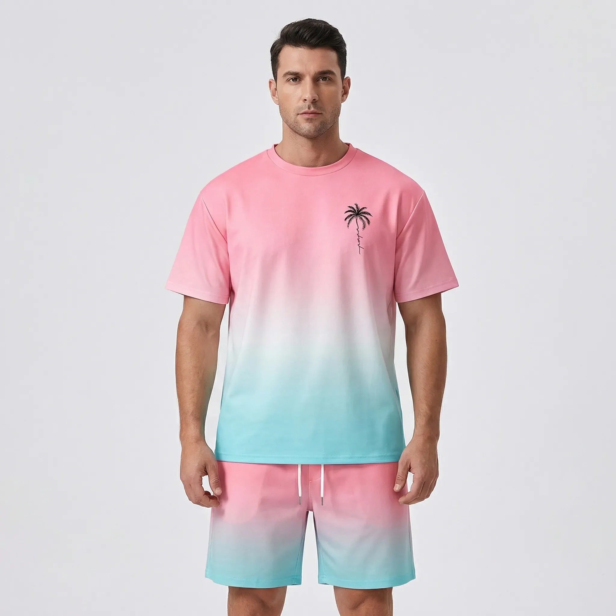 Hawaiianisches Set für Herren mit Farbverlauf Print und kurzen Ärmeln