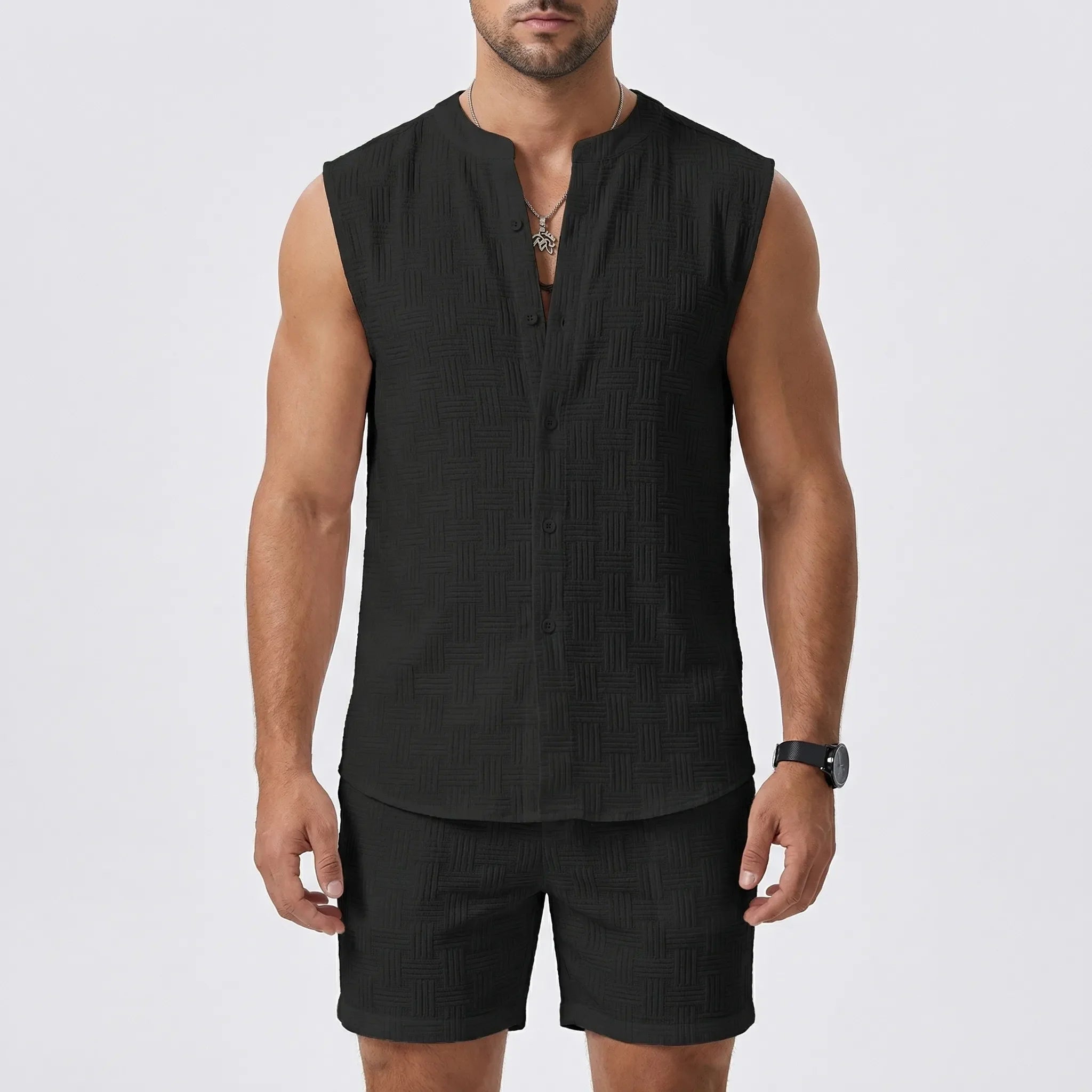 Herren Sommer Set mit ärmellosem Shirt und Shorts, Stehkragen, Jacquard-Stoff