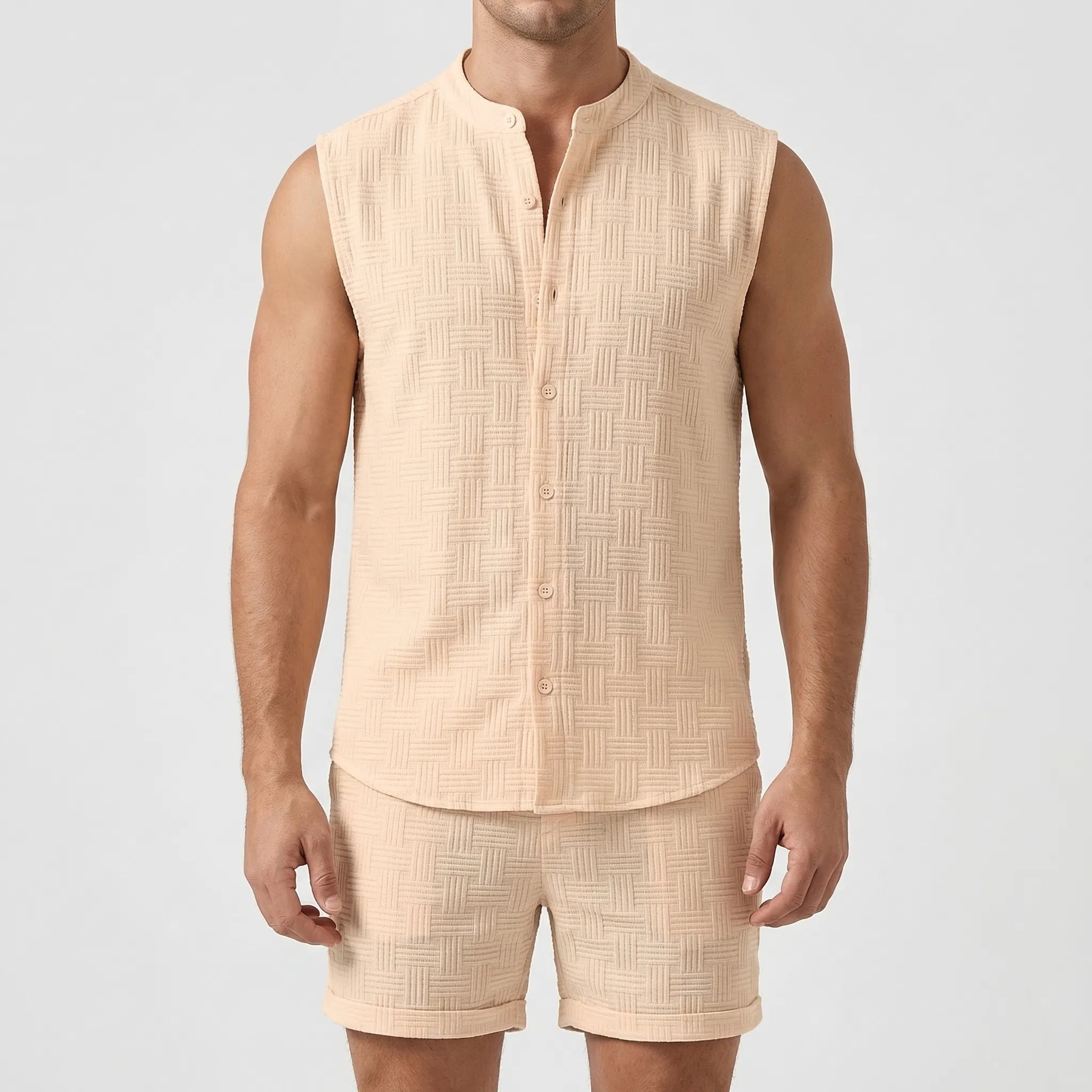 Herren Sommer Set mit ärmellosem Shirt und Shorts, Stehkragen, Jacquard-Stoff