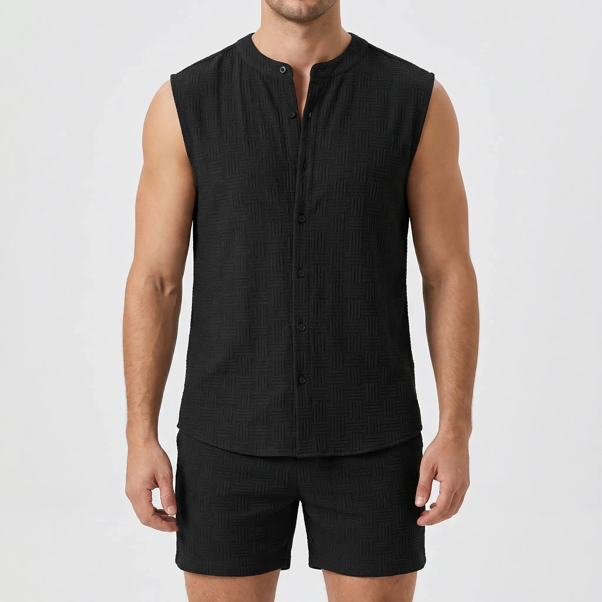 Herren Sommer Set mit ärmellosem Shirt und Shorts, Stehkragen, Jacquard-Stoff