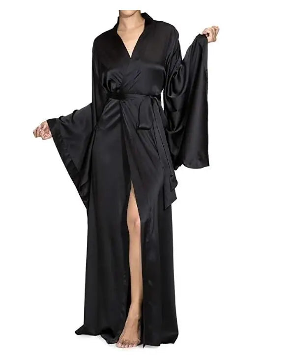 Langer Wickel-Bademantel mit Satin-Glanz breite Ärmel elegant