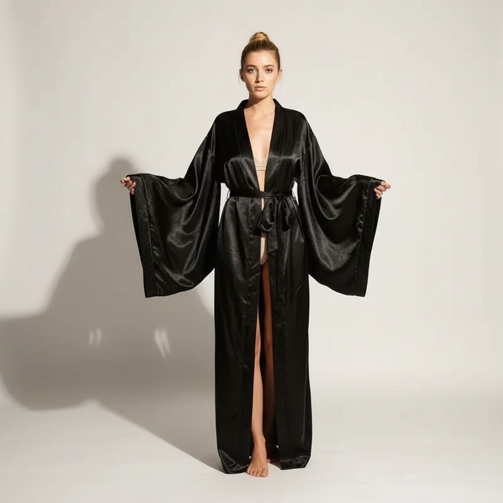 Langer Wickel-Bademantel mit Satin-Glanz breite Ärmel elegant