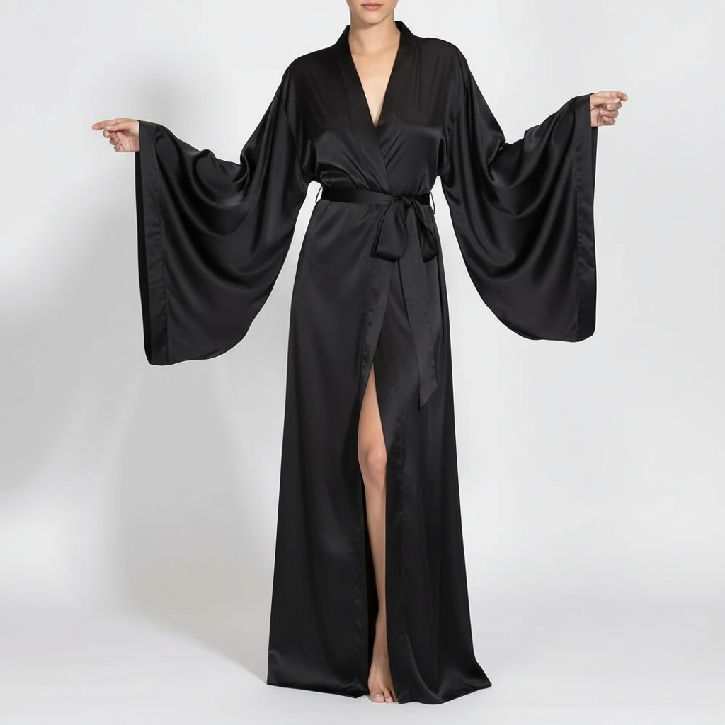 Langer Wickel-Bademantel mit Satin-Glanz breite Ärmel elegant