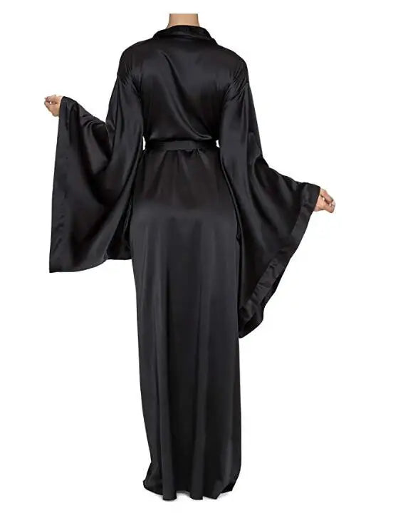 Langer Wickel-Bademantel mit Satin-Glanz breite Ärmel elegant