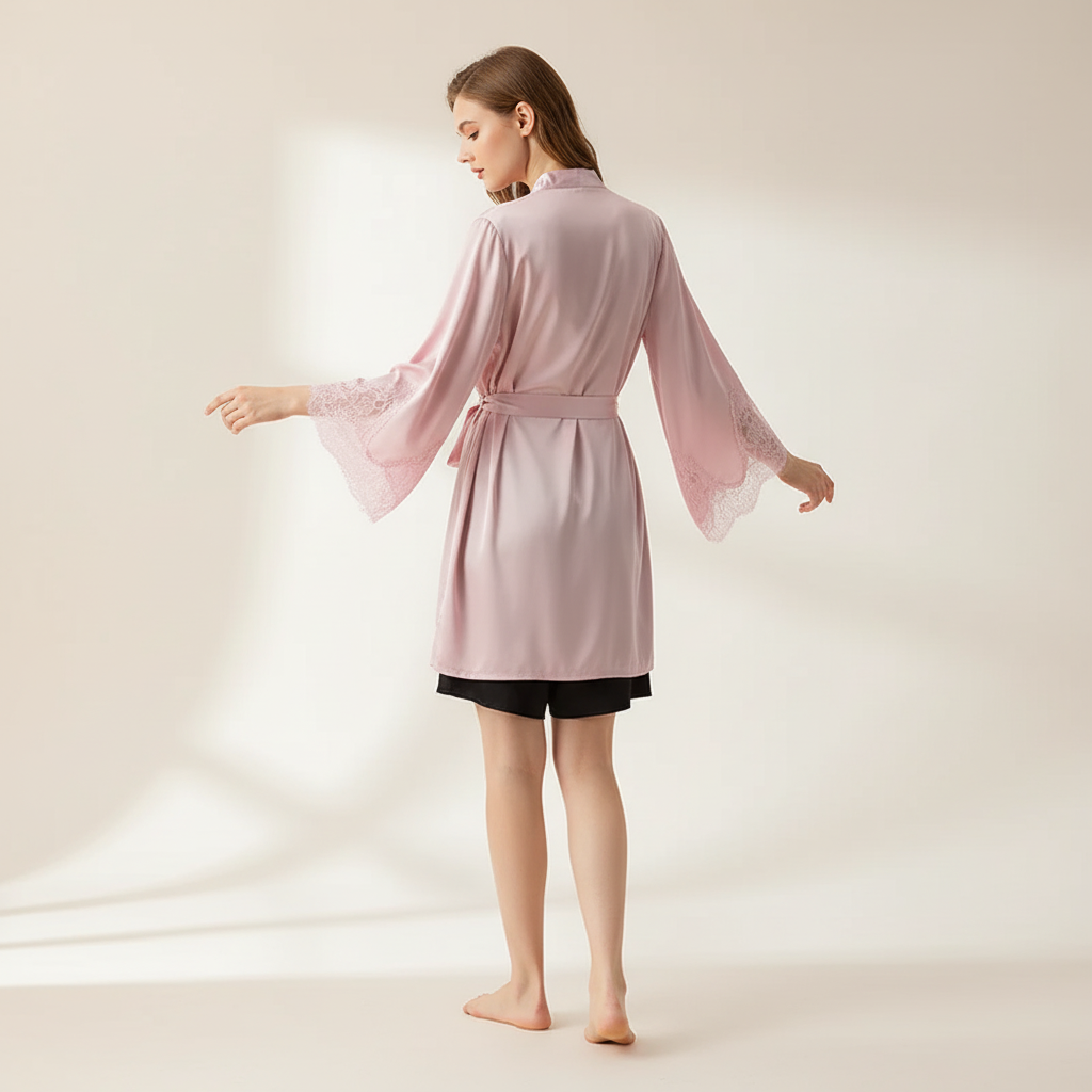 Kurzer Kimono-Bademantel mit Spitzenverzierung und weichem Drapieren
