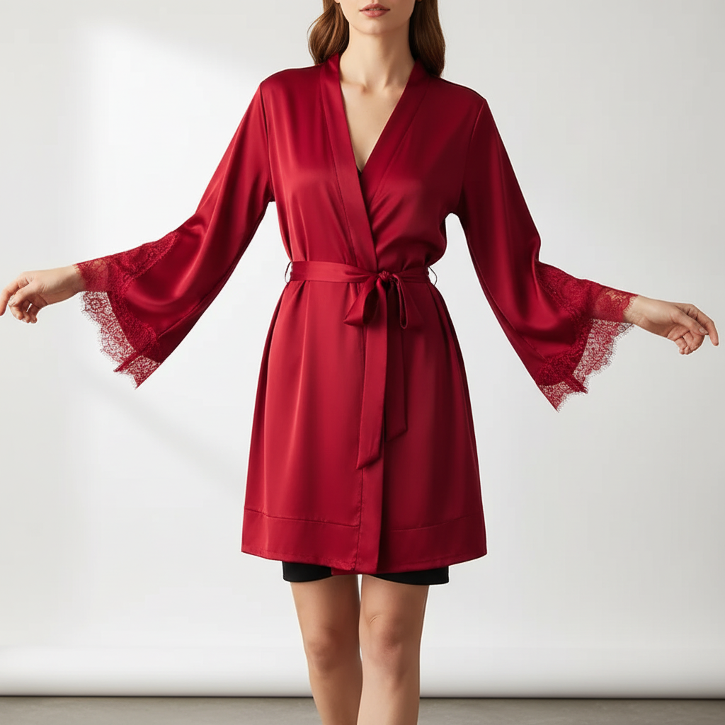 Kurzer Kimono-Bademantel mit Spitzenverzierung und weichem Drapieren