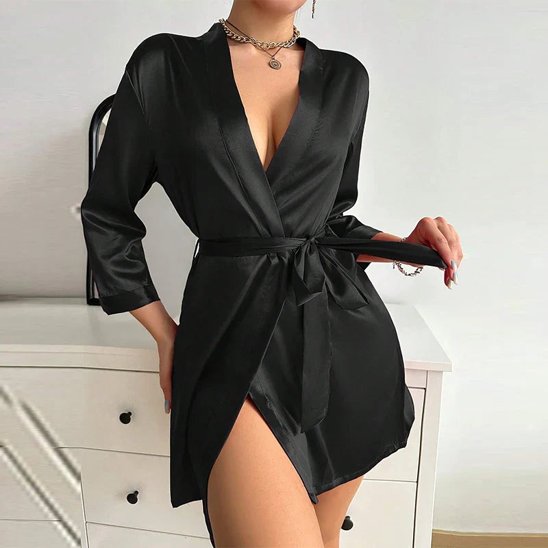 Kimono-Morgenmantel kurz Luxus leicht elegant Dreiviertelsärmel