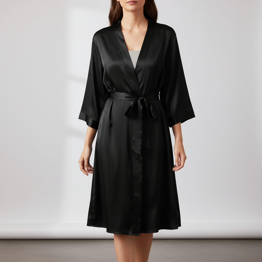 Leichter knielanger Kimono-Bademantel mit verstellbarem Bindegürtel