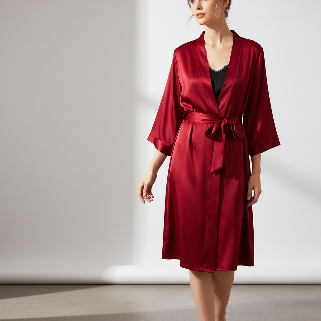 Leichter knielanger Kimono-Bademantel mit verstellbarem Bindegürtel