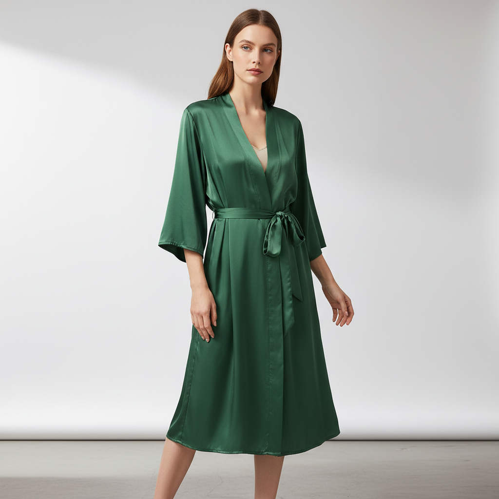 Leichter knielanger Kimono-Bademantel mit verstellbarem Bindegürtel