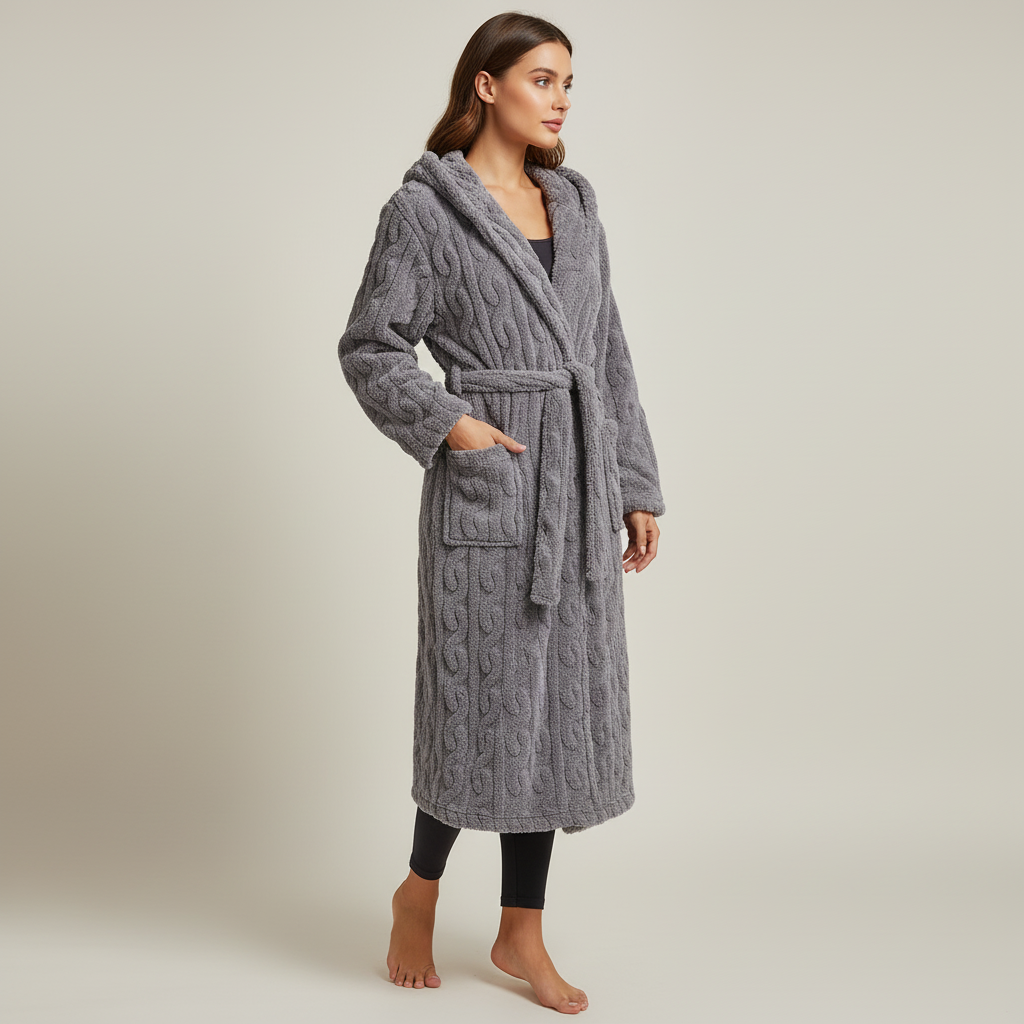 Langer Kapuzen-Bademantel Baumwollflanell warm gemütlich