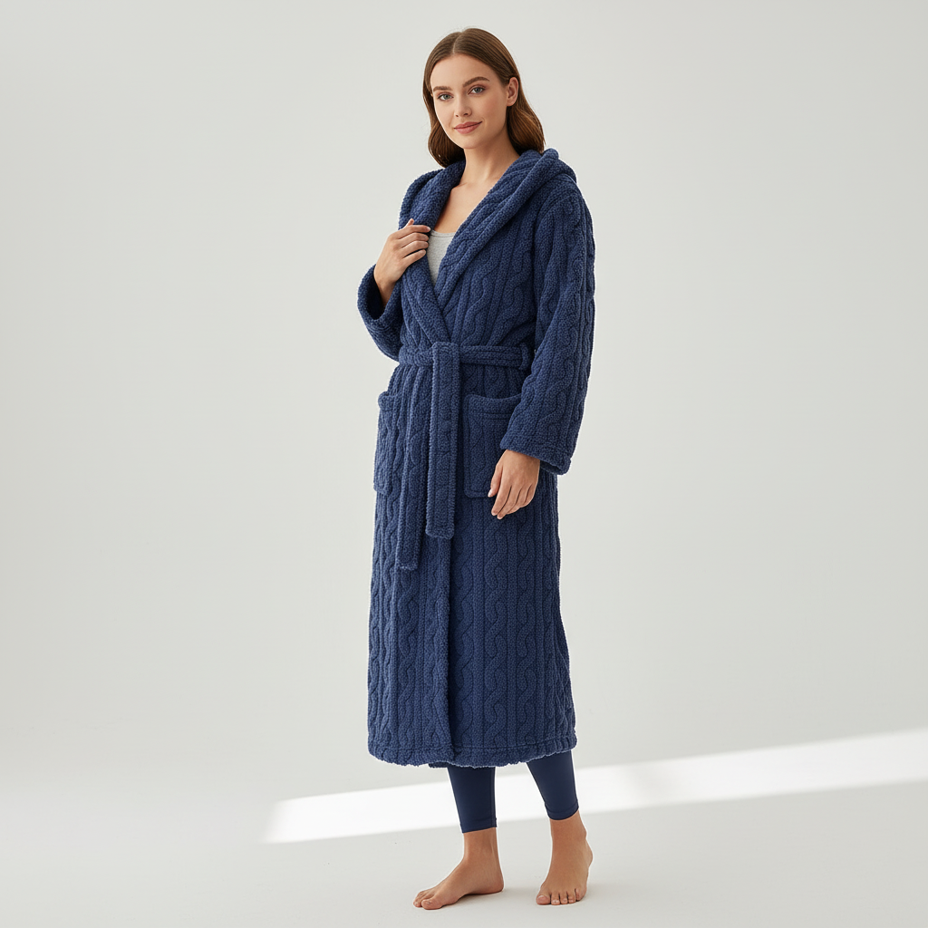 Langer Kapuzen-Bademantel Baumwollflanell warm gemütlich