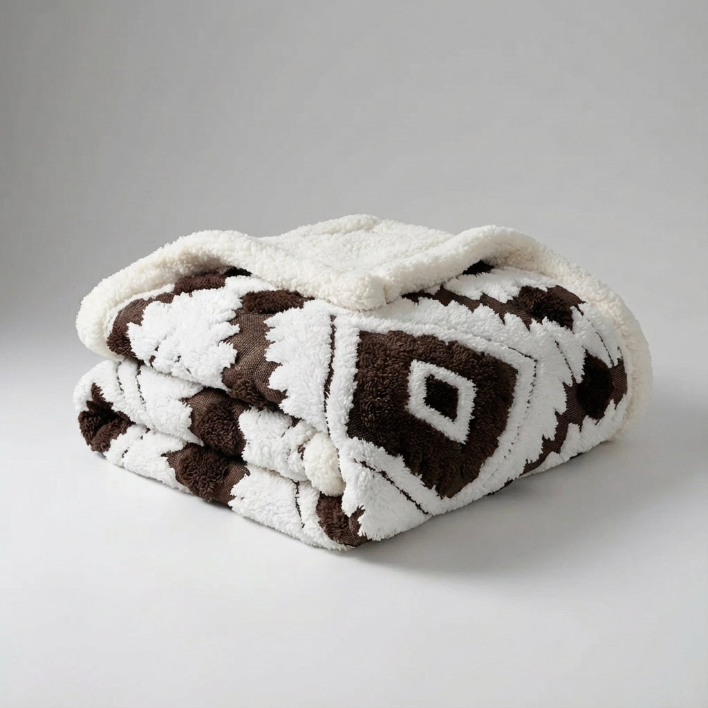Doppellagige Jacquard-Wurfdecke mit geometrischem Muster und plüschiger Innenseite
