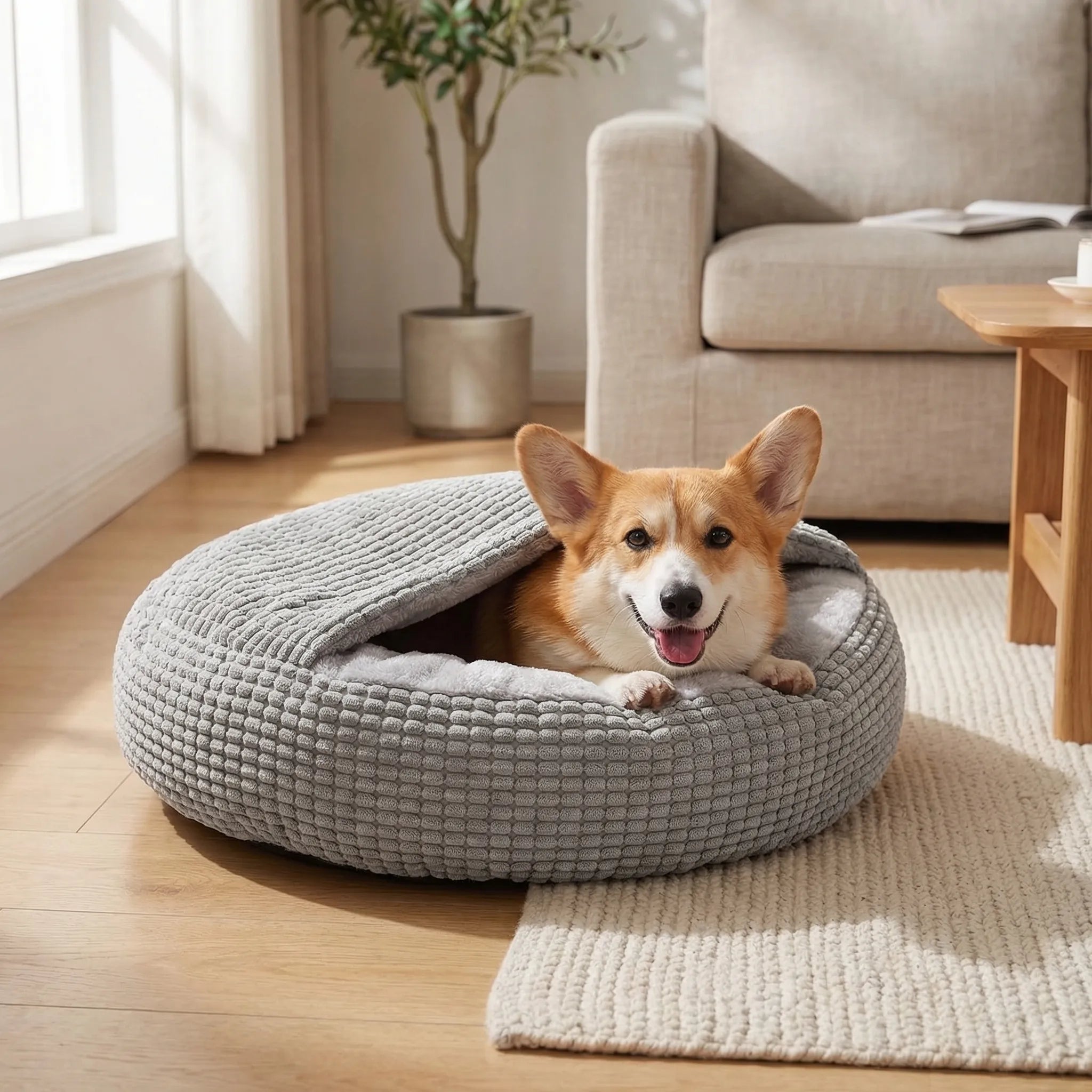 Rundes Haustierbett mit Kapuze für Hunde und Katzen, orthopädisch und rutschfest