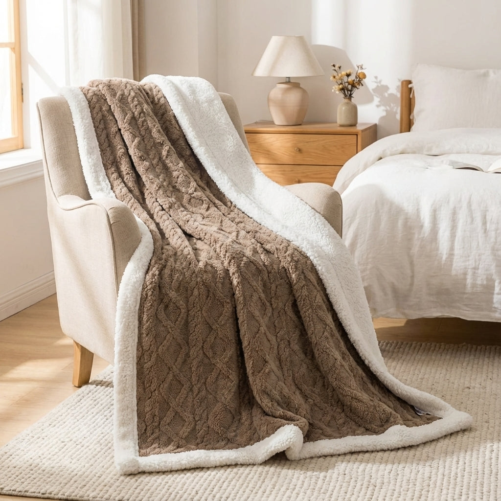 Wendbare Plüsch-Decke mit geometrischem Strickmuster und Sherpa-Futter