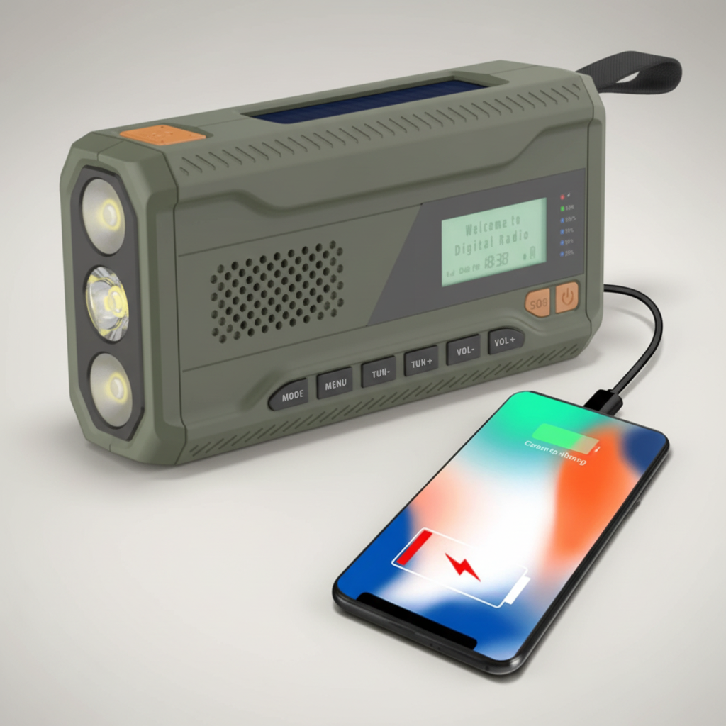 Tragbares Notfallradio mit Solarladung, Kurbelantrieb und Taschenlampe