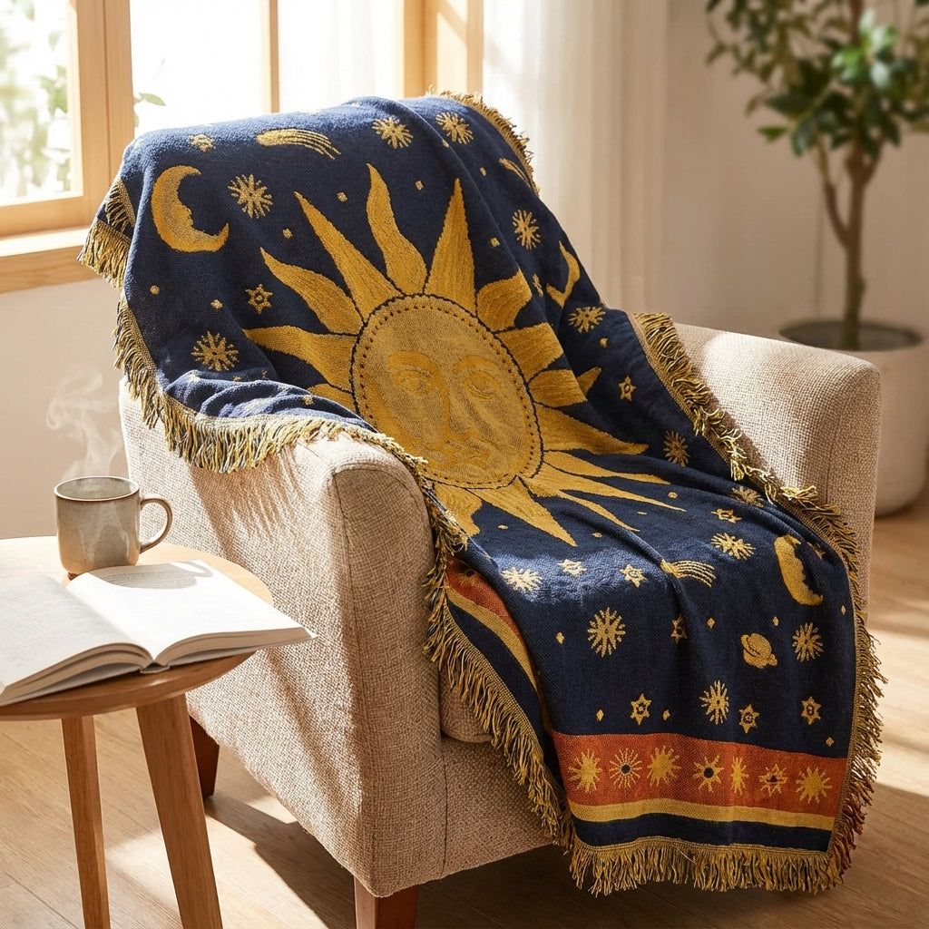 Bohemische Tagesdecke mit Himmelsmotiv und Fransen