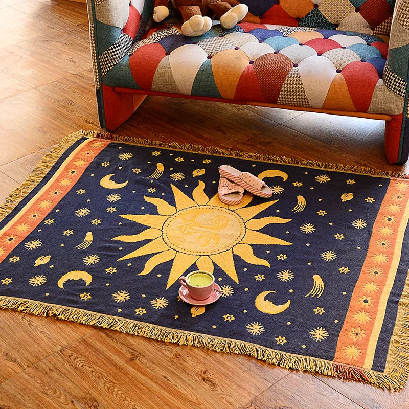 Bohemische Tagesdecke mit Himmelsmotiv und Fransen
