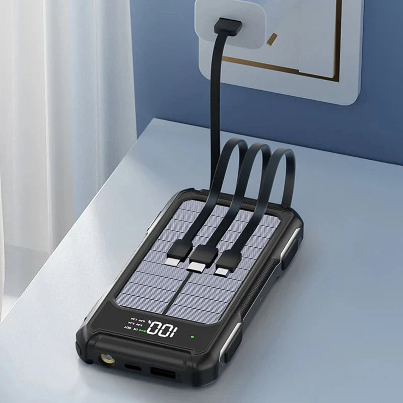 Solar-Powerbank mit integrierten Kabeln und Schnellladetechnologie