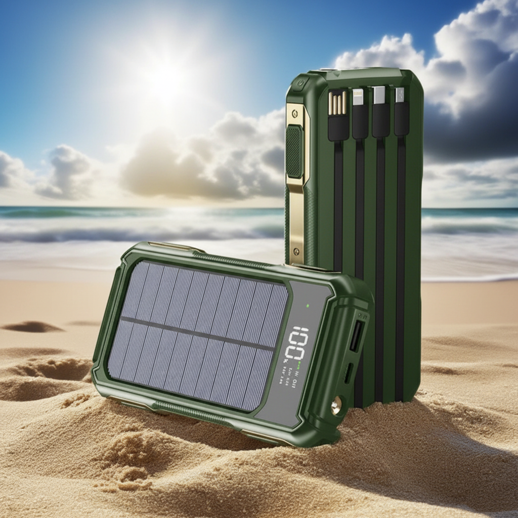 Solar-Powerbank mit integrierten Kabeln und Schnellladetechnologie
