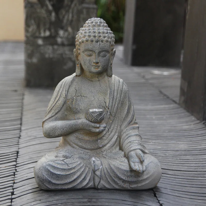 Solar-Buddha-Gartenstatue mit LED-Glanz und Steinoptik-Finish