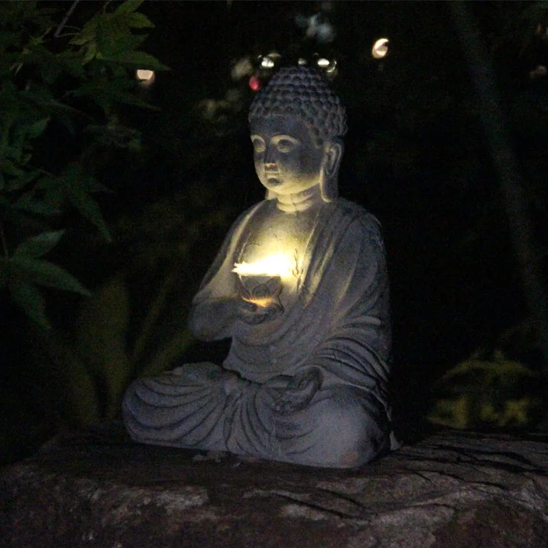 Solar-Buddha-Gartenstatue mit LED-Glanz und Steinoptik-Finish