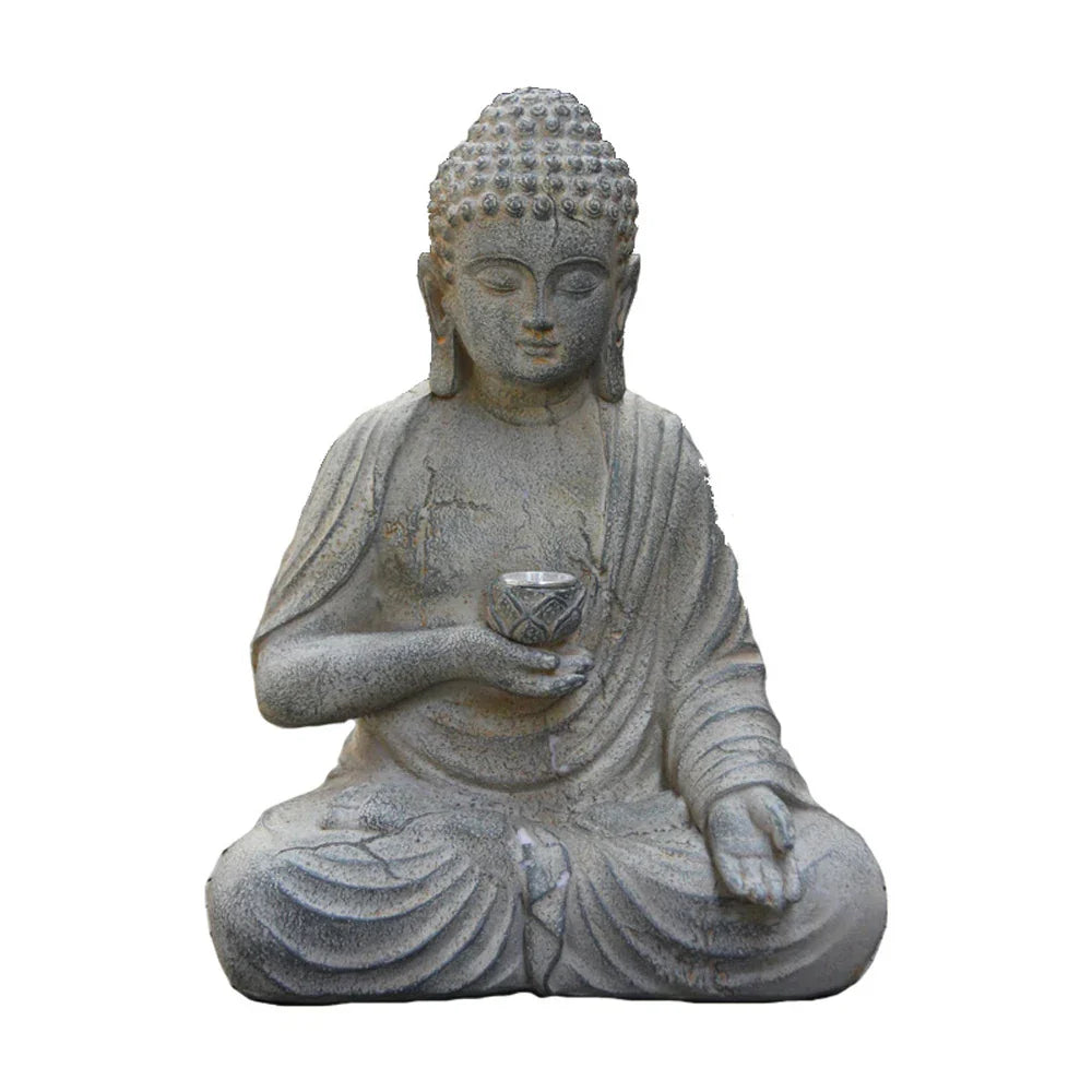 Solar-Buddha-Gartenstatue mit LED-Glanz und Steinoptik-Finish