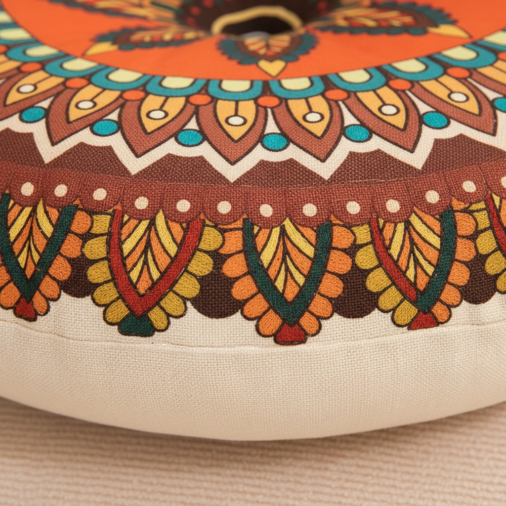 Rundes Bohemian-Bodenkissen mit geometrischem Druck, atmungsaktiv