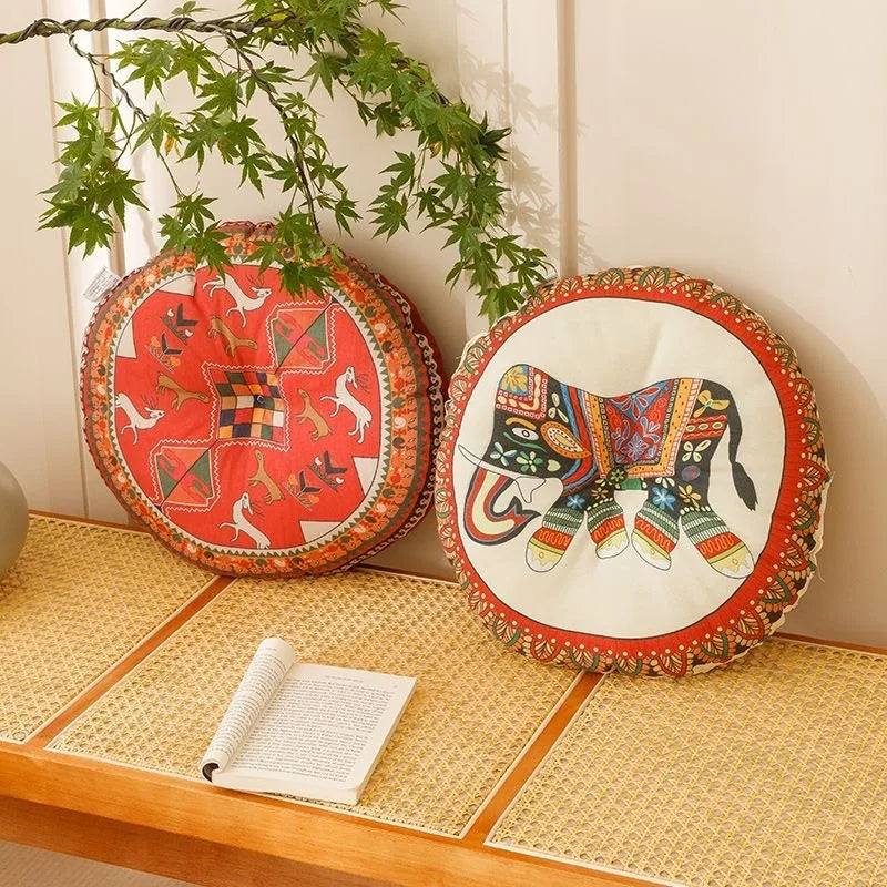 Rundes Bohemian-Bodenkissen mit geometrischem Druck, atmungsaktiv