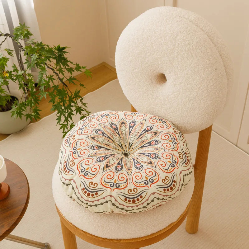 Rundes Bohemian-Bodenkissen mit geometrischem Druck, atmungsaktiv