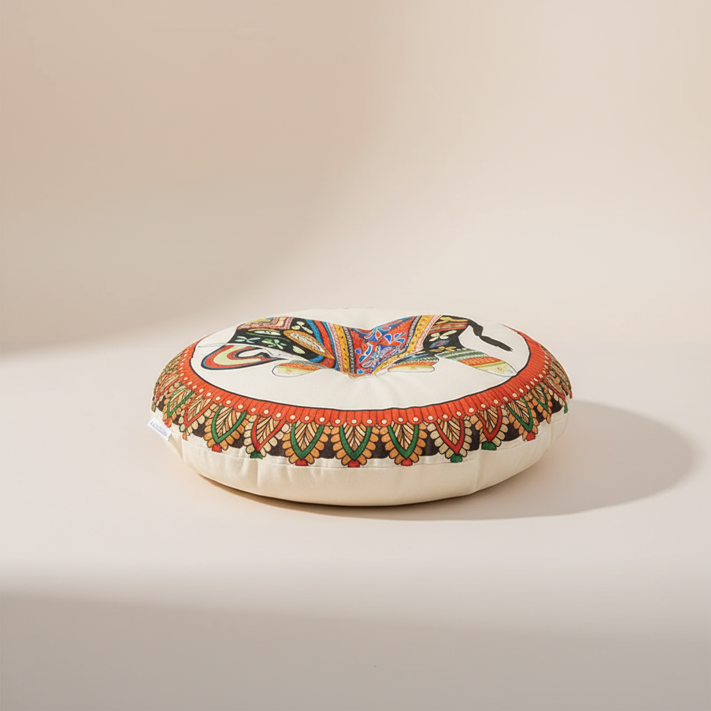 Rundes Bohemian-Bodenkissen mit geometrischem Druck, atmungsaktiv