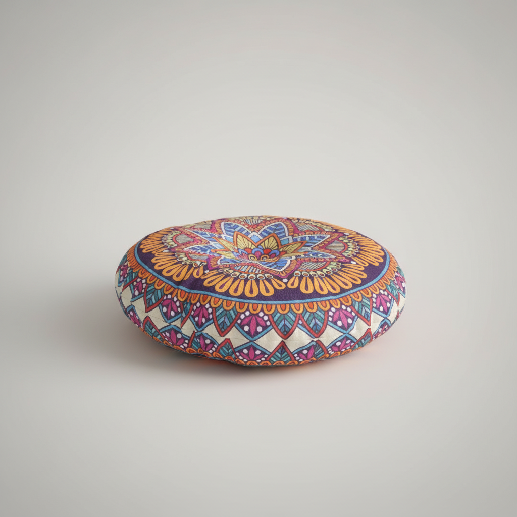 Rundes Bohemian-Bodenkissen mit geometrischem Druck, atmungsaktiv