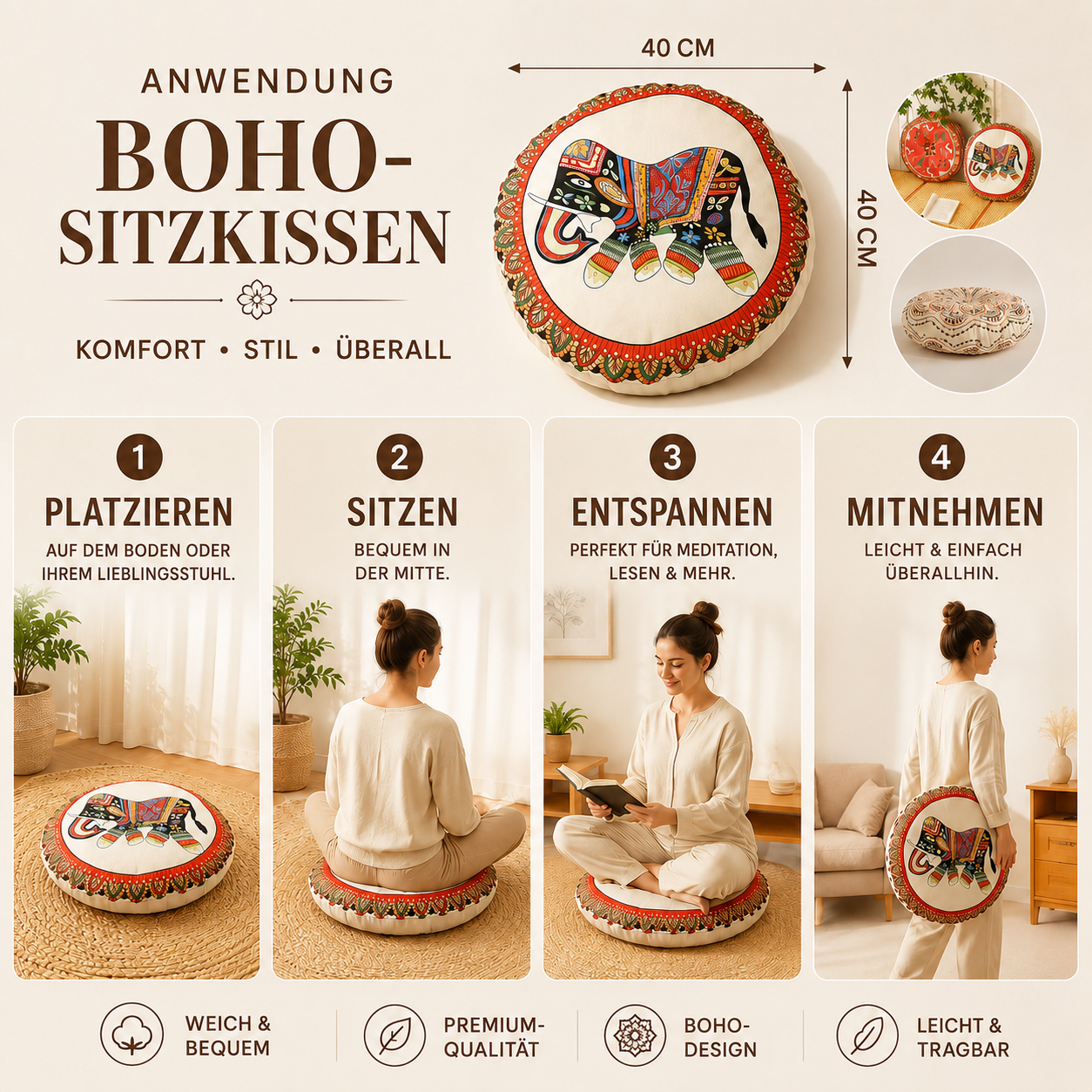 Nordspur | Solivra Rundes Bohemian-Bodenkissen