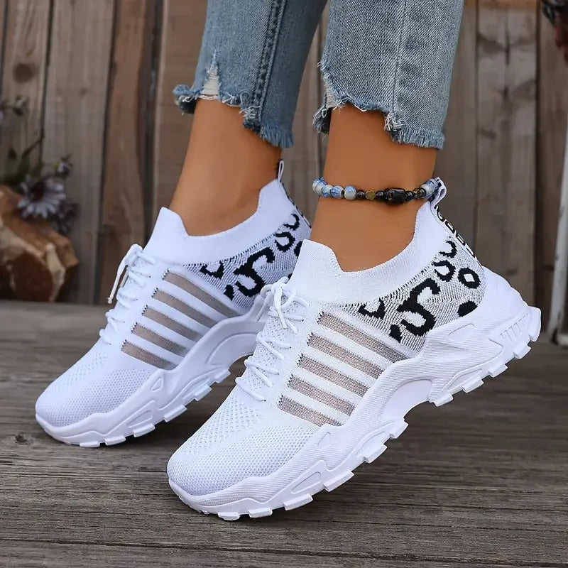 Damen Sneaker Leopardenmuster Strickschaft atmungsaktiv Schnürer